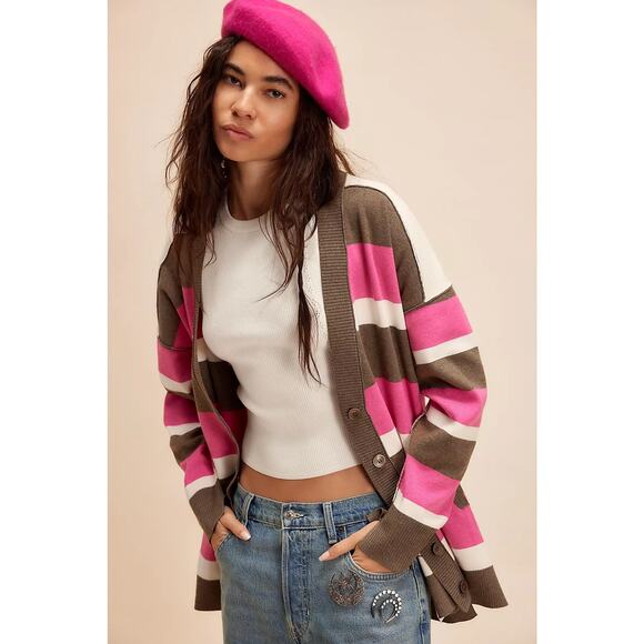 NWT FREE PEOPLE League Of Her Own Cardigan $198 SMALL Aurora Pinecone PINK - Picture 1 of 4